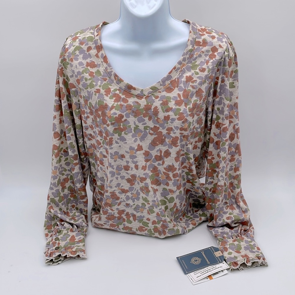 Democracy Long Sleeve Ruffle & Button Detail V-neck Multicolor - Picture 3 of 16
